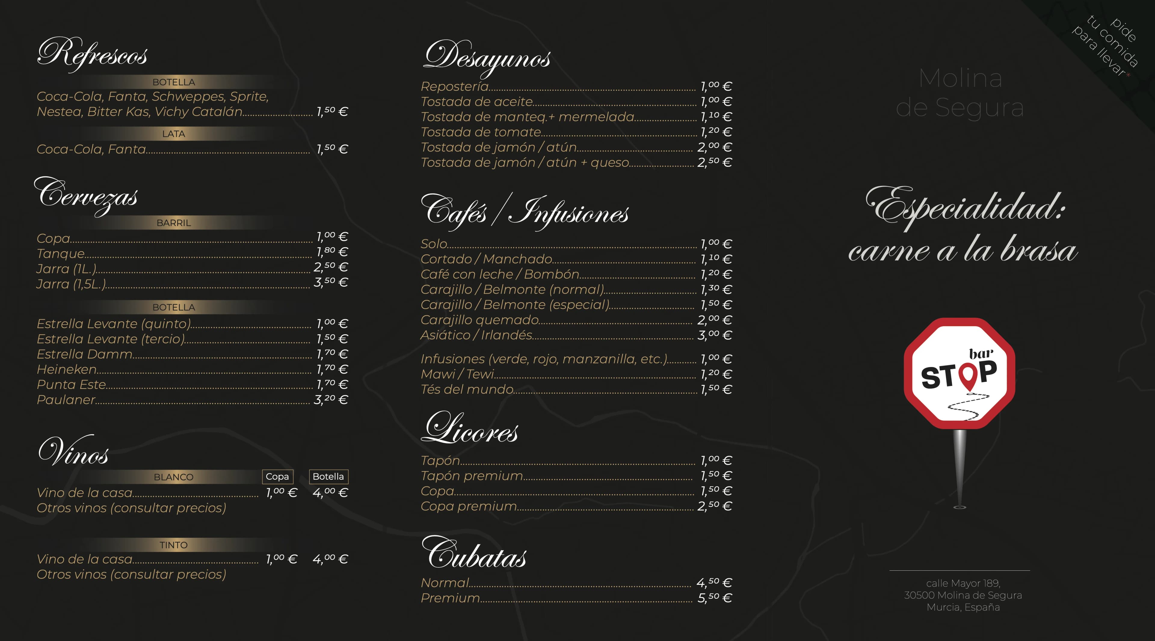 Bar Stop menu — page 1